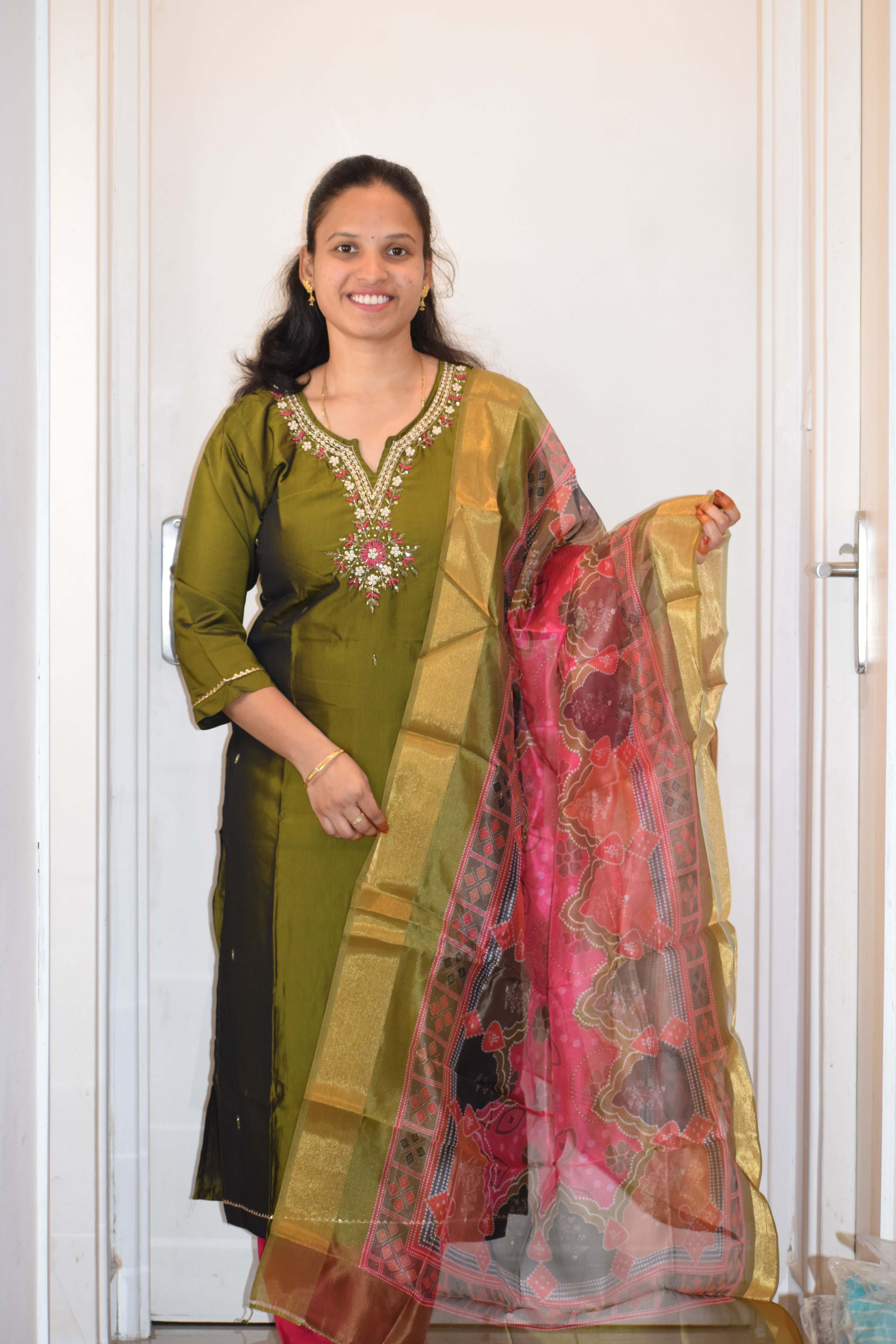 MEHANDI GREEN PREMIUM TISSUE SILK WITH HANDWORK 3 PC SUIT