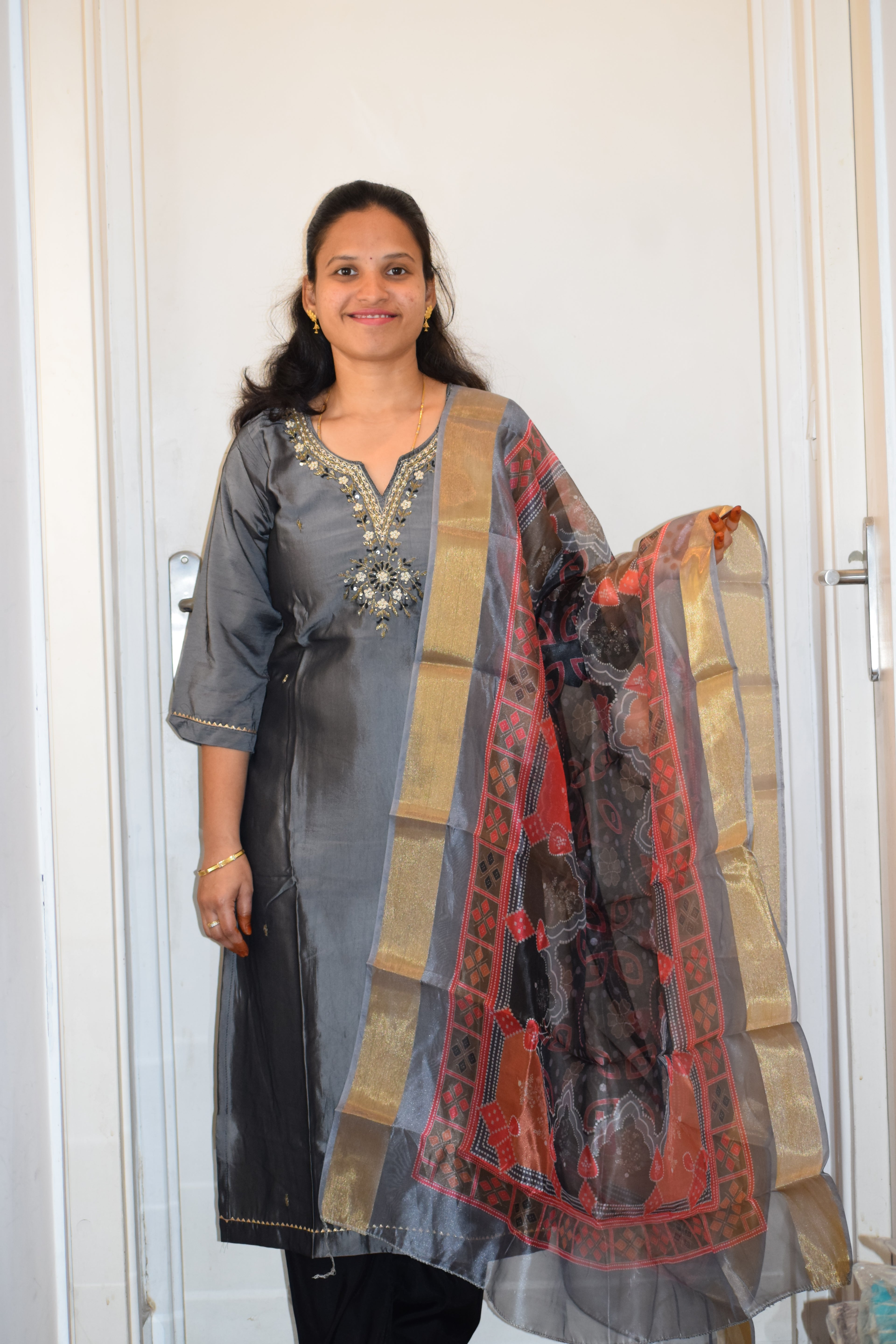 GREY PREMIUM TISSUE SILK WITH HANDWORK 3 PC SUIT